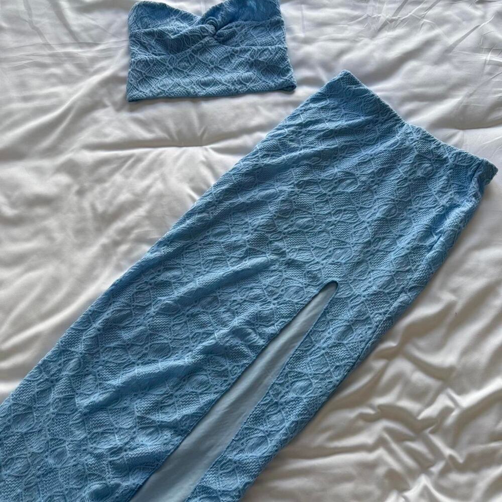 MooLooLa Blue Bandeau Top and Maxi Skirt with slit Set